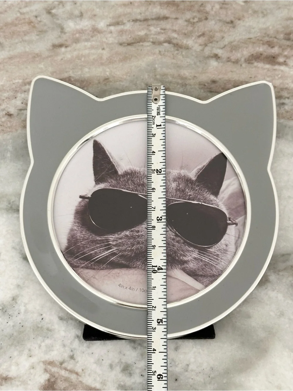 Kitty Cat Ear Shaped Round Picture Frame - Grey & Silver 4x4